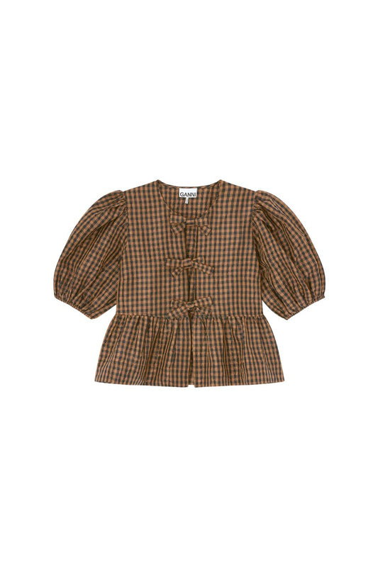Crinkled Check Blouse in Tobacco Brown