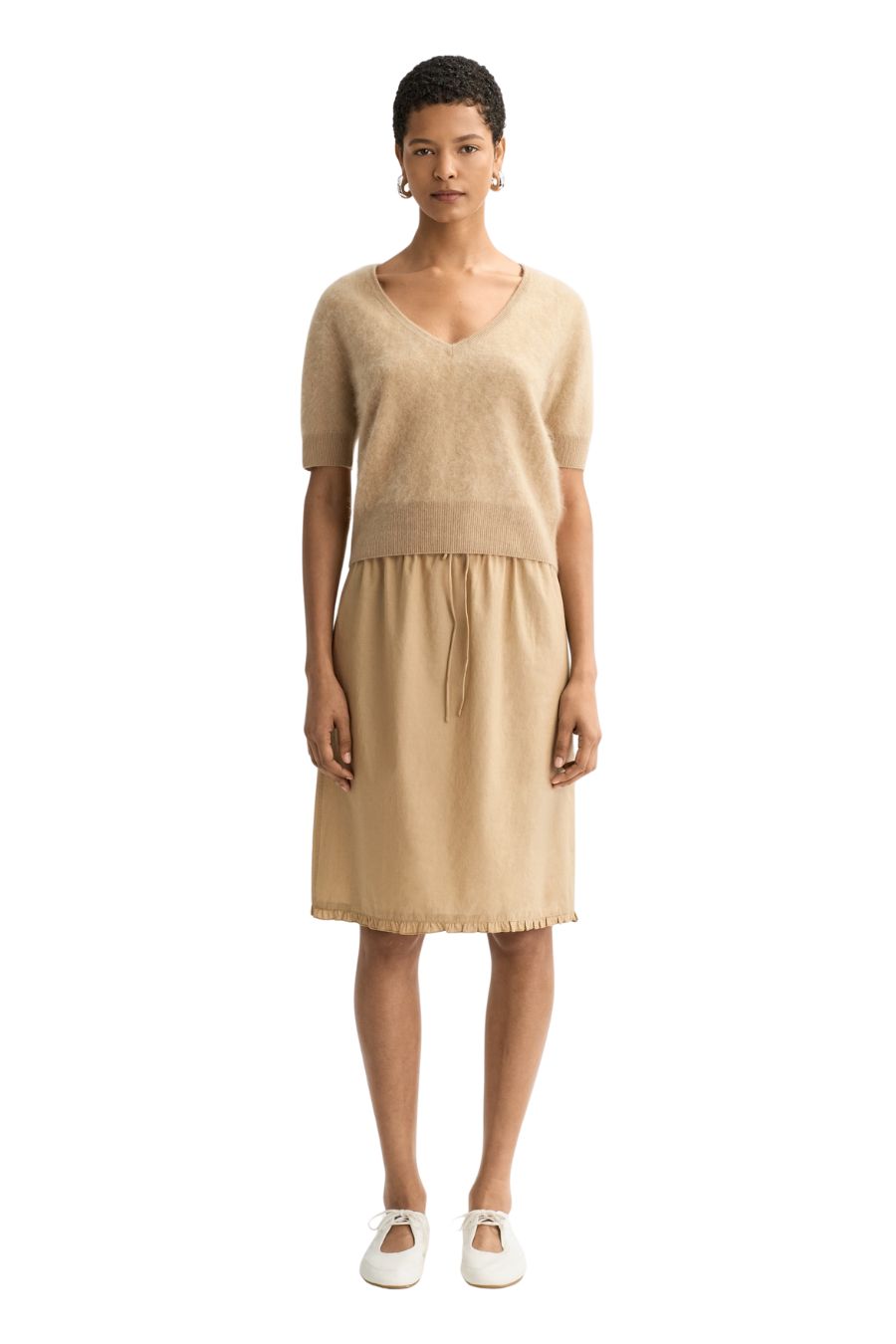 Brushed V-Neck T-Shirt in Camel