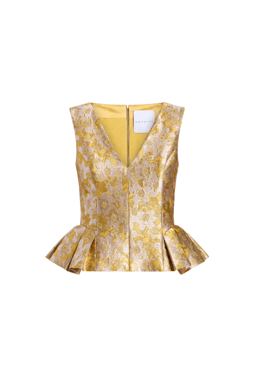 Jasminium Peplum Top in Gold Metallic Floral