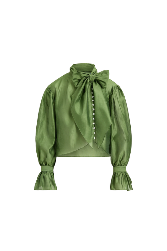 Tie-Bow Organdy Shirt in Green by Polo Ralph Lauren