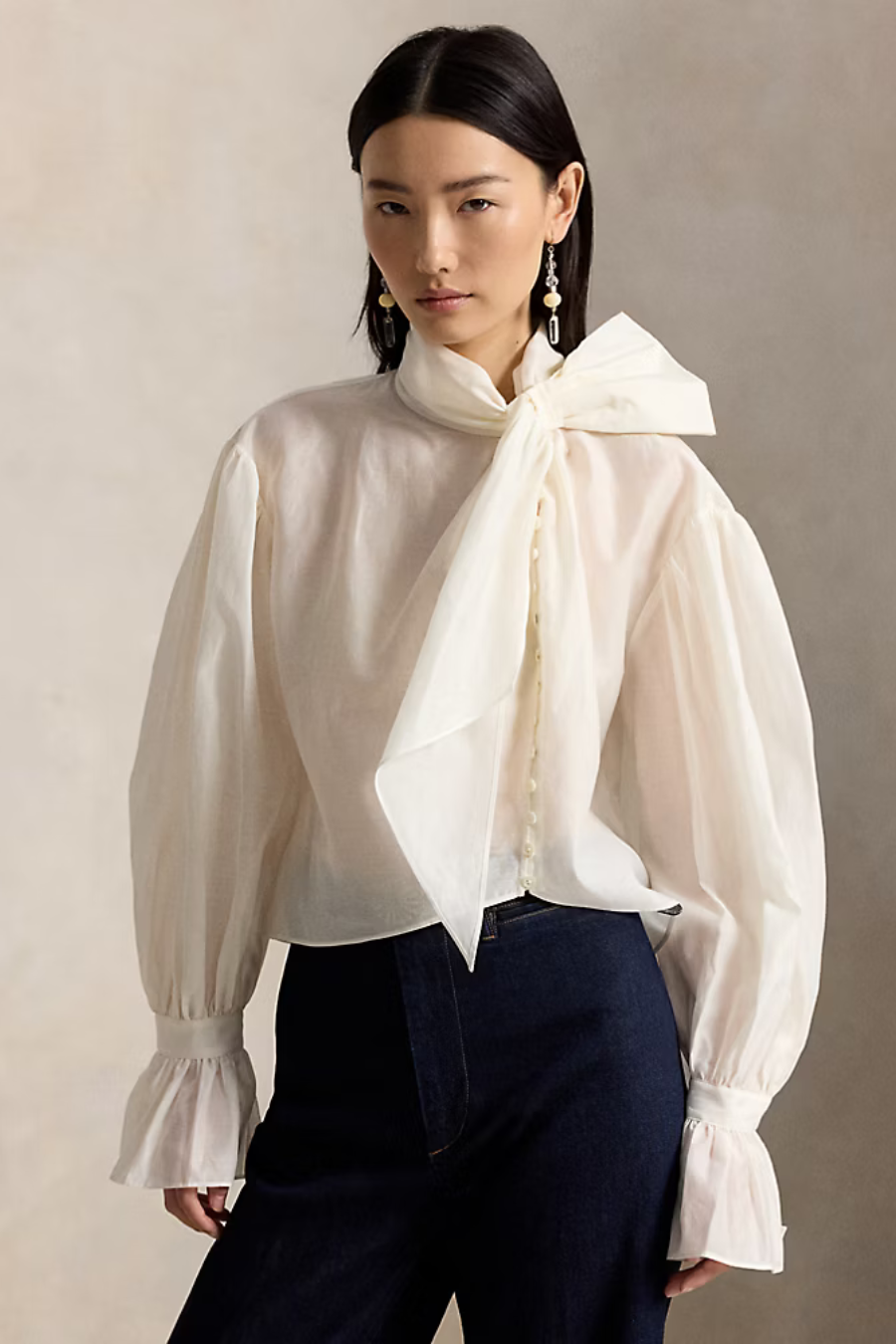 Tie-Bow Organdy Shirt in White