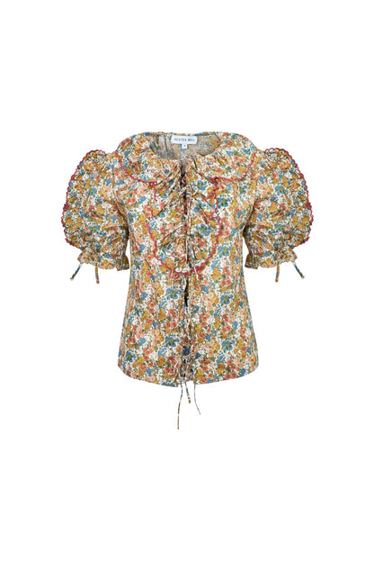 Hunter Bell Marigold Top in Gertrude, ruffle collar cotton lawn top with tie-front closure