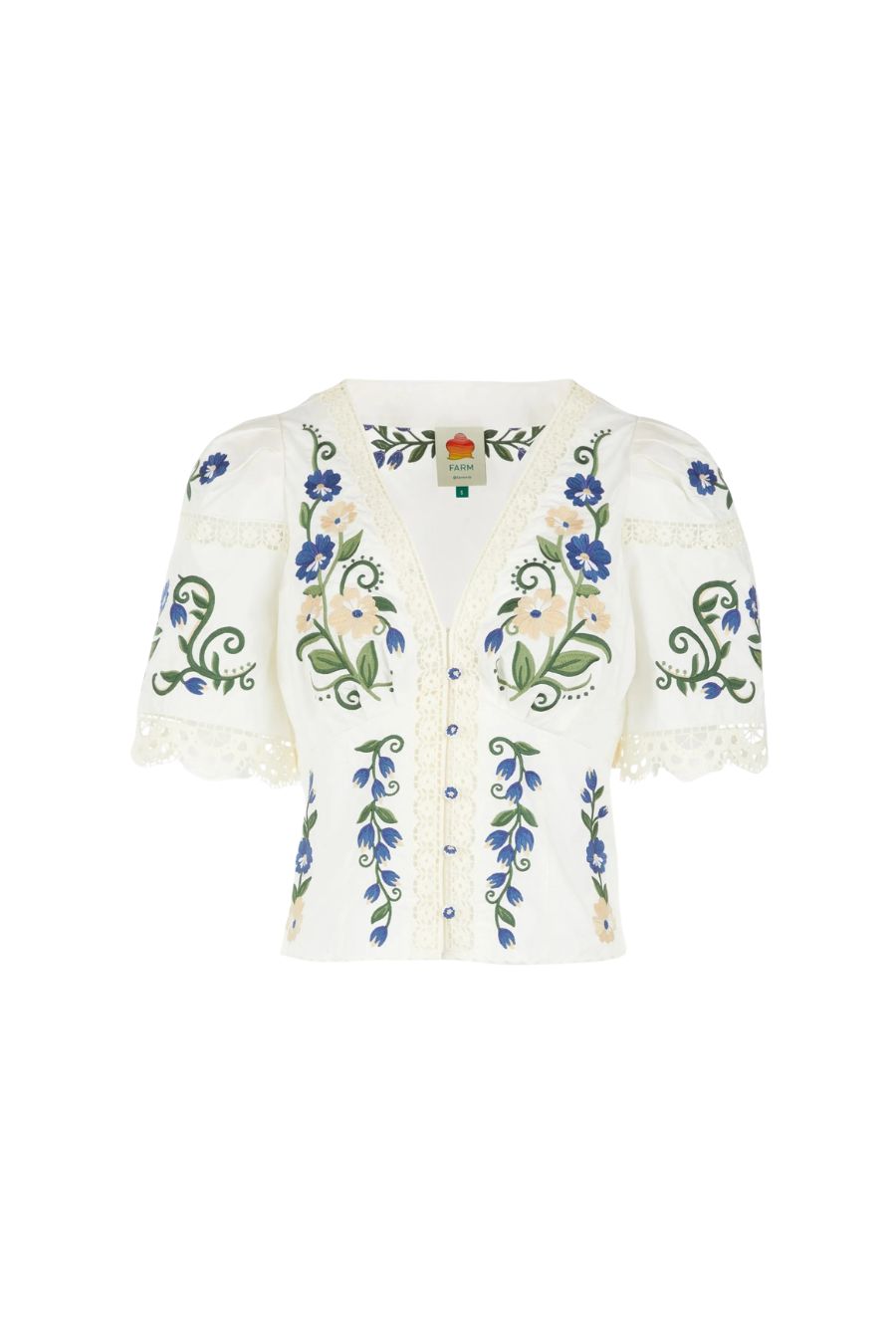 Farm Rio Countryside Land Blouse in Off White, embroidered cotton blouse