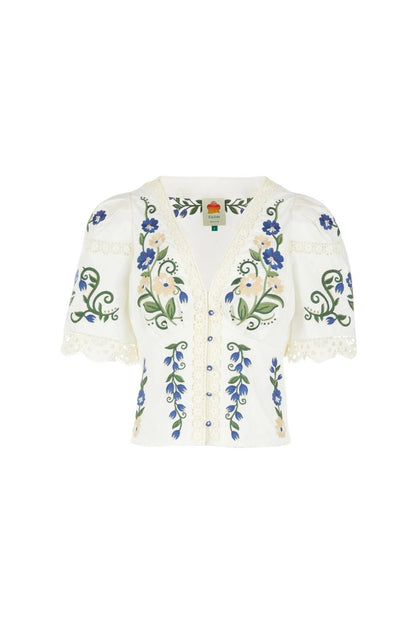Farm Rio Countryside Land Blouse in Off White, embroidered cotton blouse