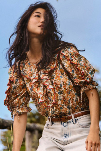 Hunter Bell Marigold Top in Gertrude, ruffle collar cotton lawn top with tie-front closure