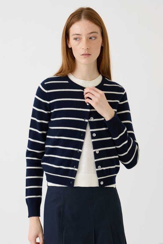 Ava Striped Cashmere Cardigan in Navy/Ivory