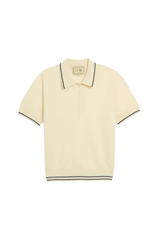 Elyse Cashmere Polo Top in Ivory/Navy