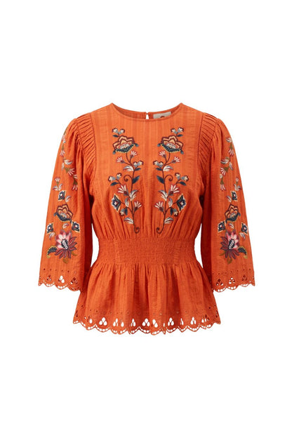 Farm Rio Boho Flowers Embroidered Blouse in Orange, cotton blouse with floral embroidery