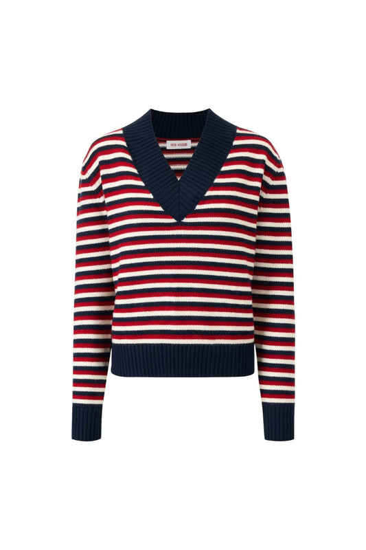 Striped V Neck Sweater in Red/Blue