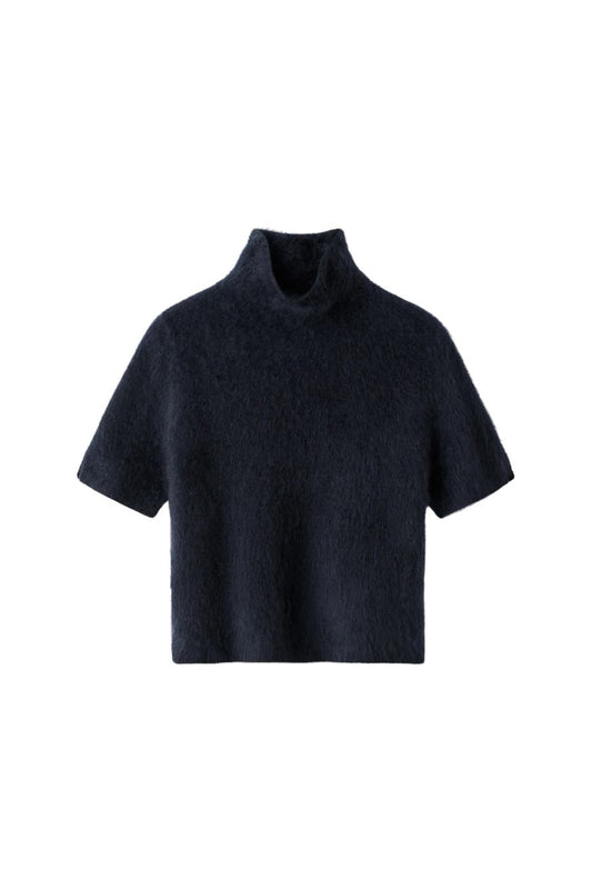 Soft Goat Brushed Short Sleeve Turtleneck in Navy