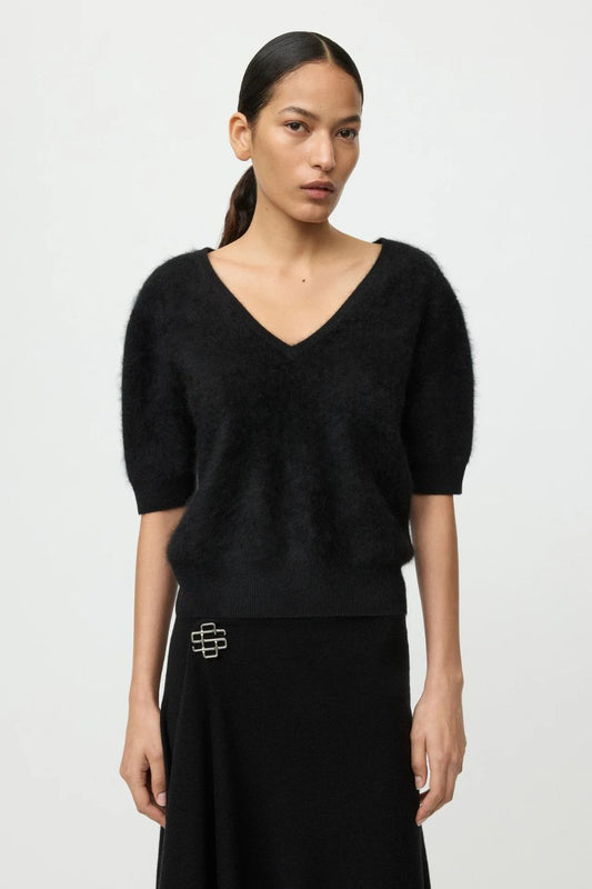Brushed V-neck T-shirt in Black