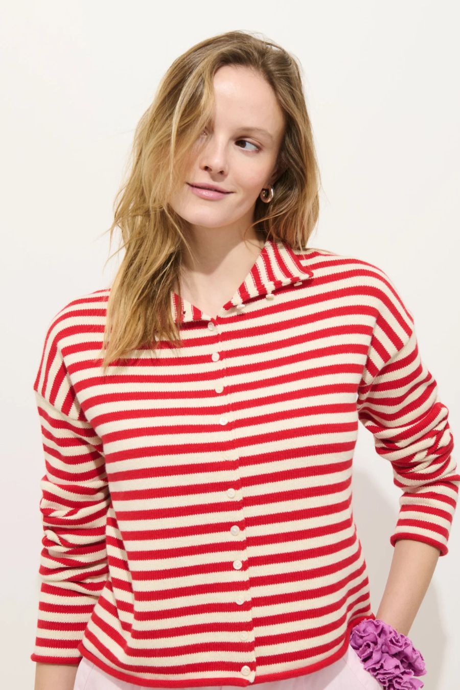 Taylor Striped Cardigan in Ivory/Red