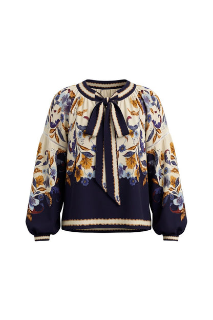 Golden Nature Long Sleeve Blouse in Navy Blue