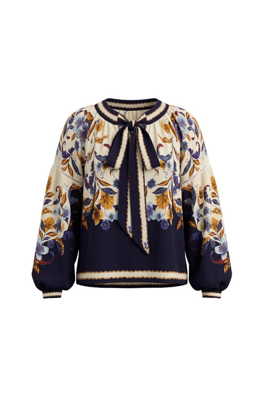 Golden Nature Long Sleeve Blouse in Navy Blue