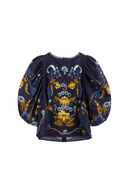 Golden Nature Flower Puff Sleeve Blouse