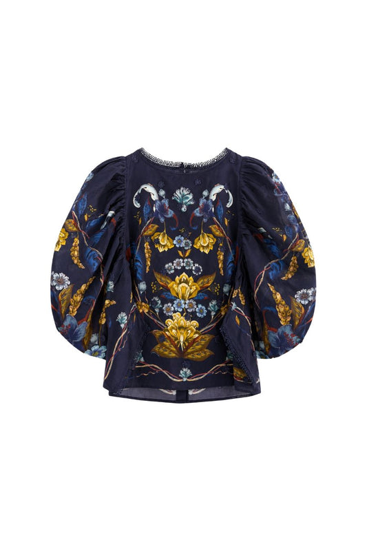 Golden Nature Flower Puff Sleeve Blouse
