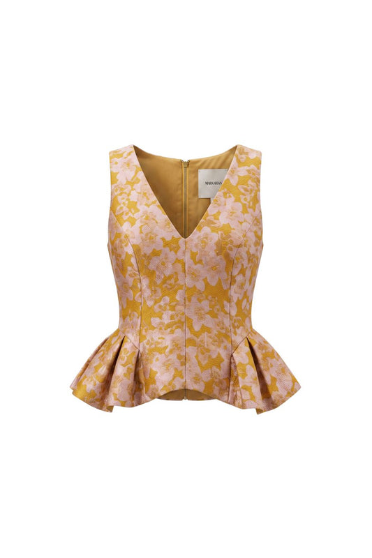 Jasminium Peplum Top in Gold Metallic Floral