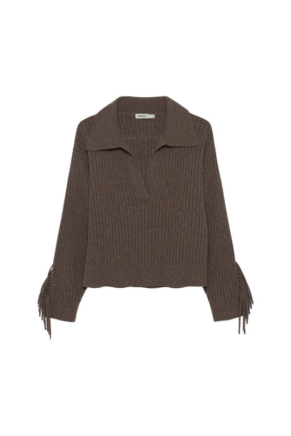 Natalia Collared Fringe Sweater in Mushroom Melange