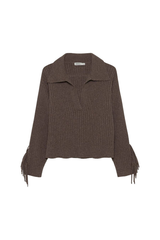 Natalia Collared Fringe Sweater in Mushroom Melange