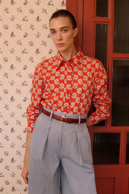 Alana Shirt in Red Flowers Popeline by Maria De La Orden