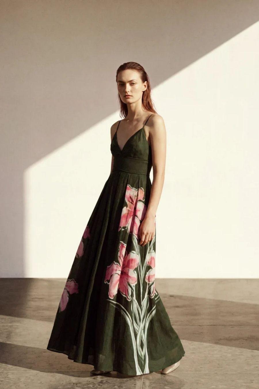 Model in olive green floral maxi dress, Aje spotlight