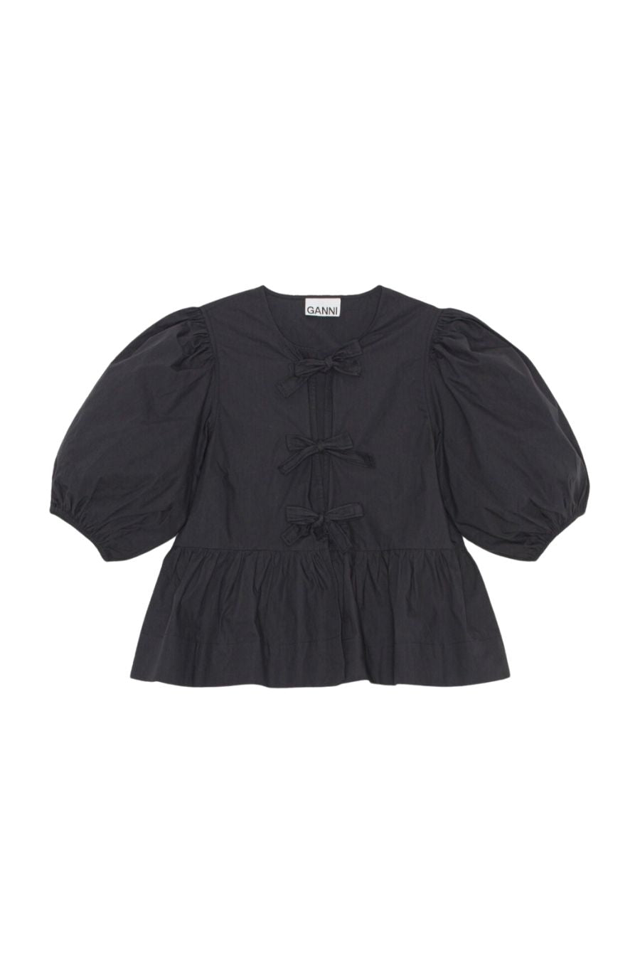 Cotton Poplin Peplum Tie Blouse in Black