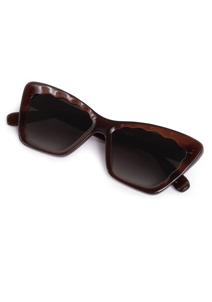 Bunny and Babe Winnetka Brigitte cat-eye sunglasses in espresso brown acetate with scalloped edges and dark lenses.