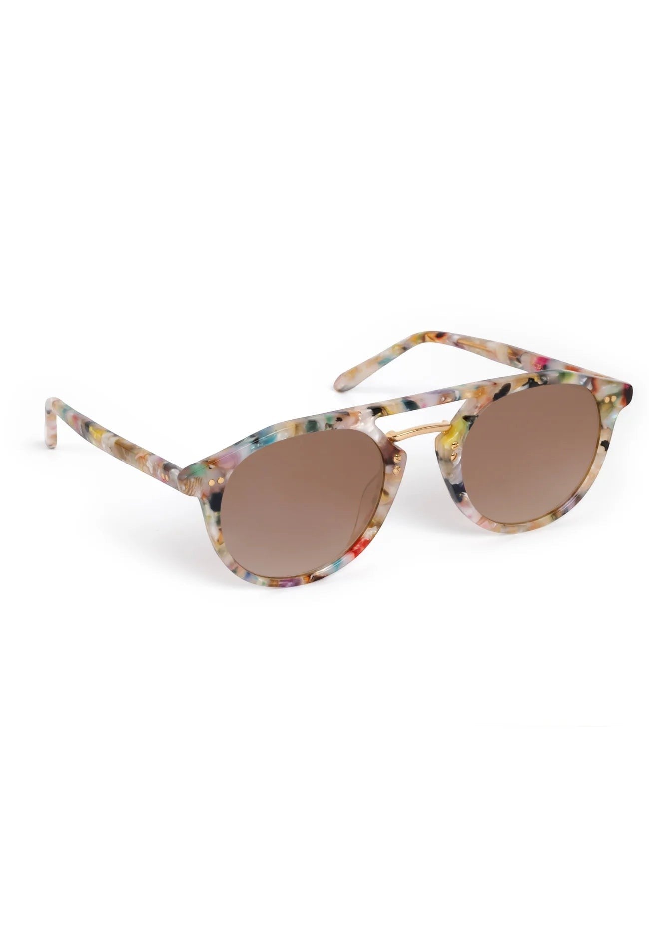 Bunny and Babe Winnetka Markle sunglasses in gelato multi-color acetate with metallic bridge and brown mirrored lenses.