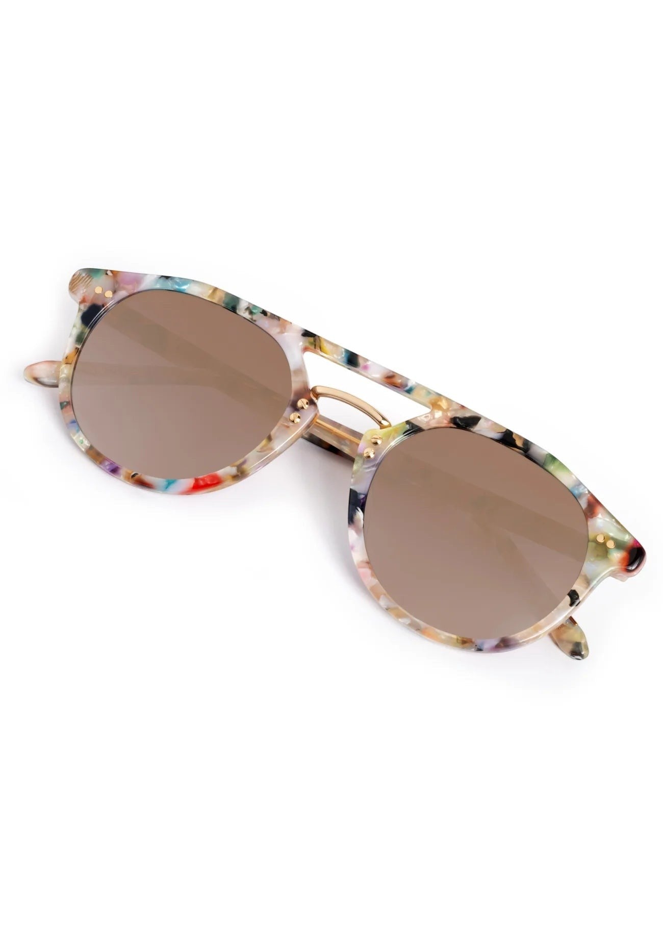Bunny and Babe Winnetka Markle sunglasses with a multi-colored acetate frame, metallic bridge, and mirrored lenses.