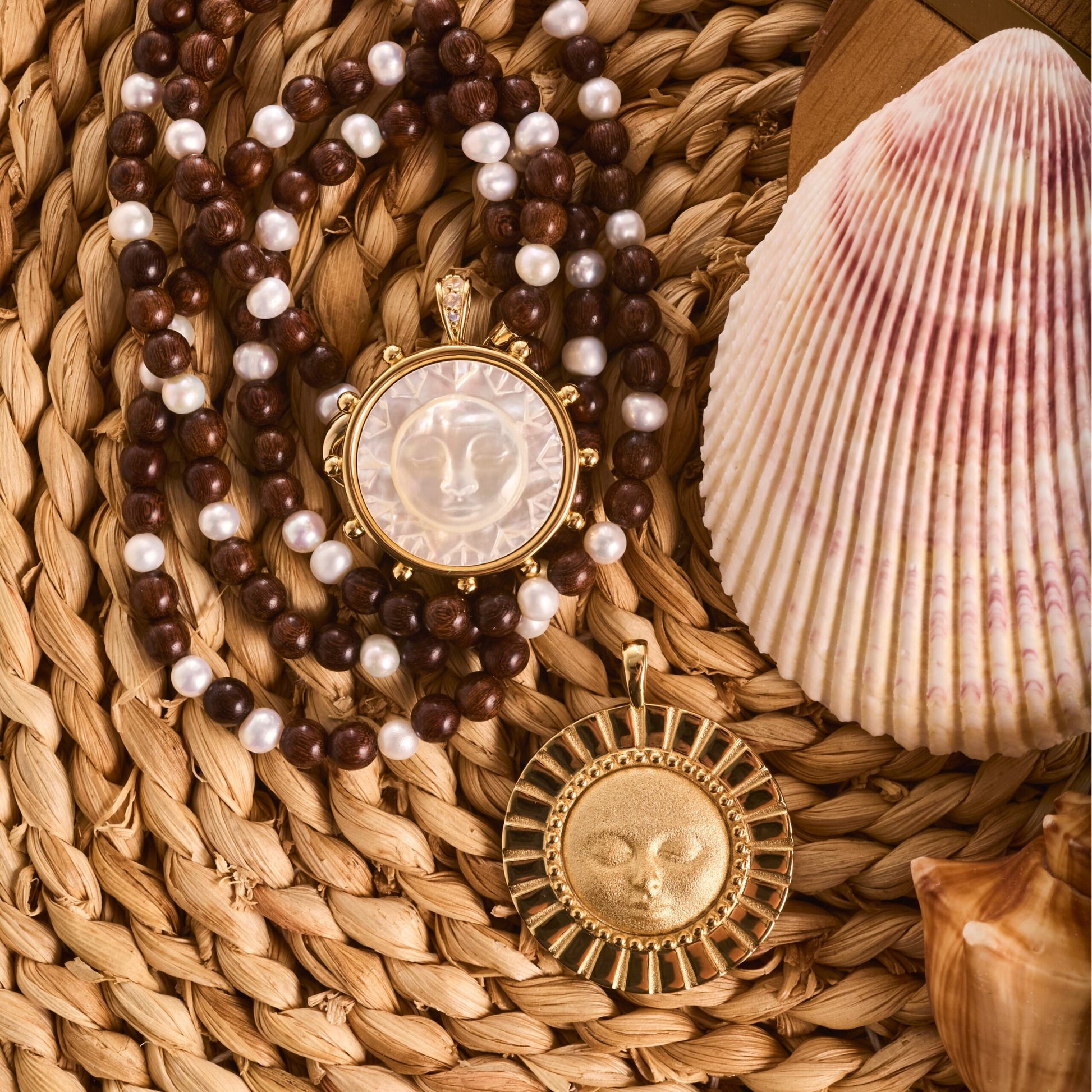 Double Wrap Wood and Pearl Necklace