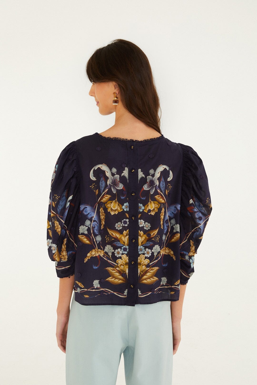 Golden Nature Flower Puff Sleeve Blouse
