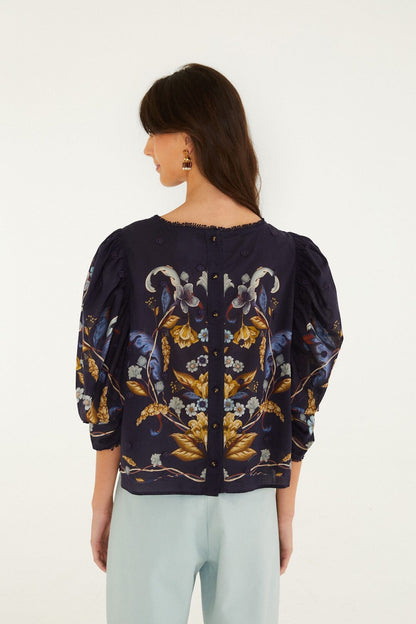 Golden Nature Flower Puff Sleeve Blouse