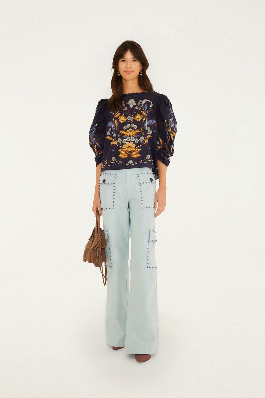 Golden Nature Flower Puff Sleeve Blouse