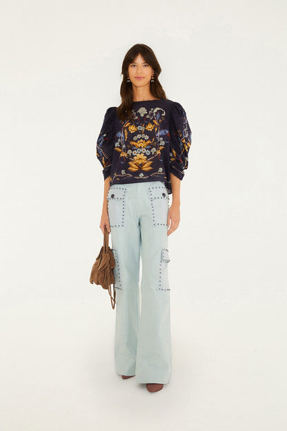 Golden Nature Flower Puff Sleeve Blouse
