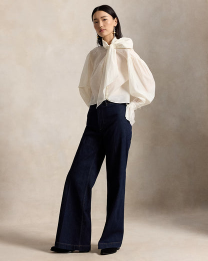 Tie-Bow Organdy Shirt in White