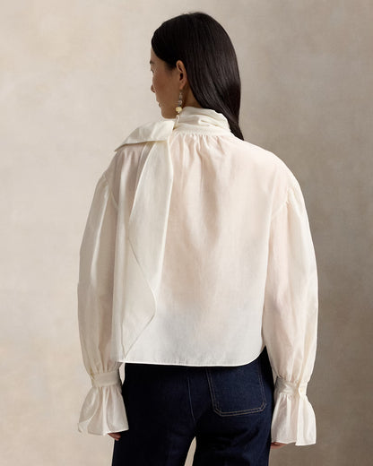 Tie-Bow Organdy Shirt in White