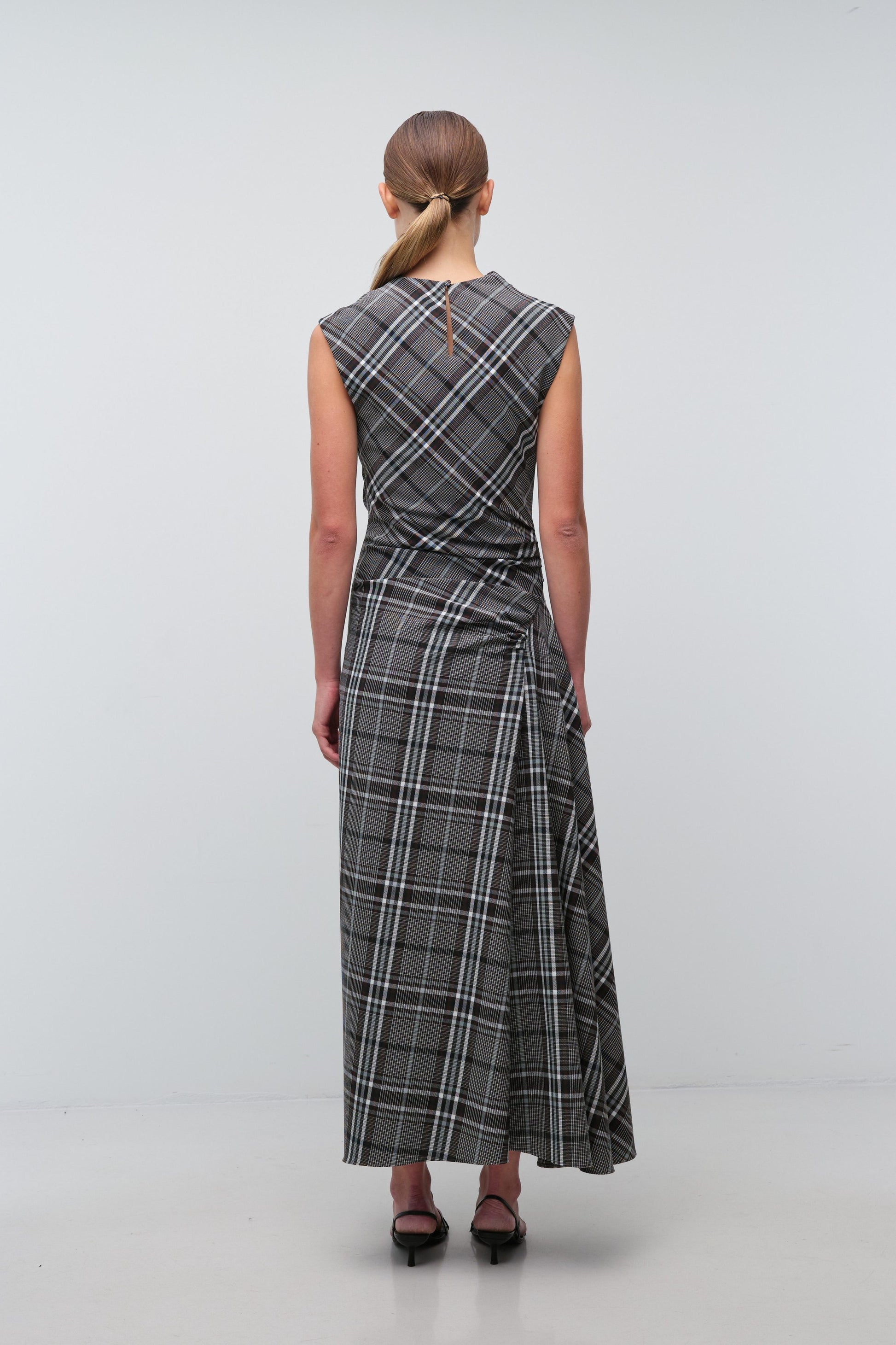 Burke Draped Midi Dress in Everglade Plaid